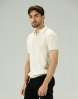 Jacquard Mesh offwhite Knitted Polo