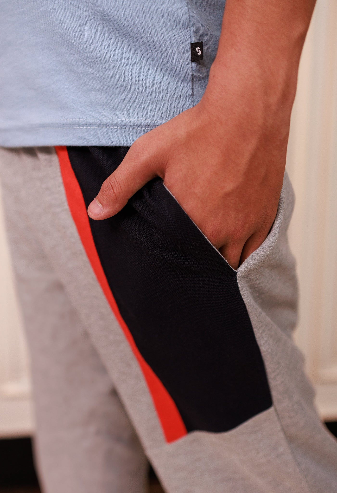 Person wearing gray sweatpants with a black and red stripe, light blue shirt, blurred background