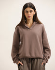 MOCHA V-COLLAR CROPPED HOODIE
