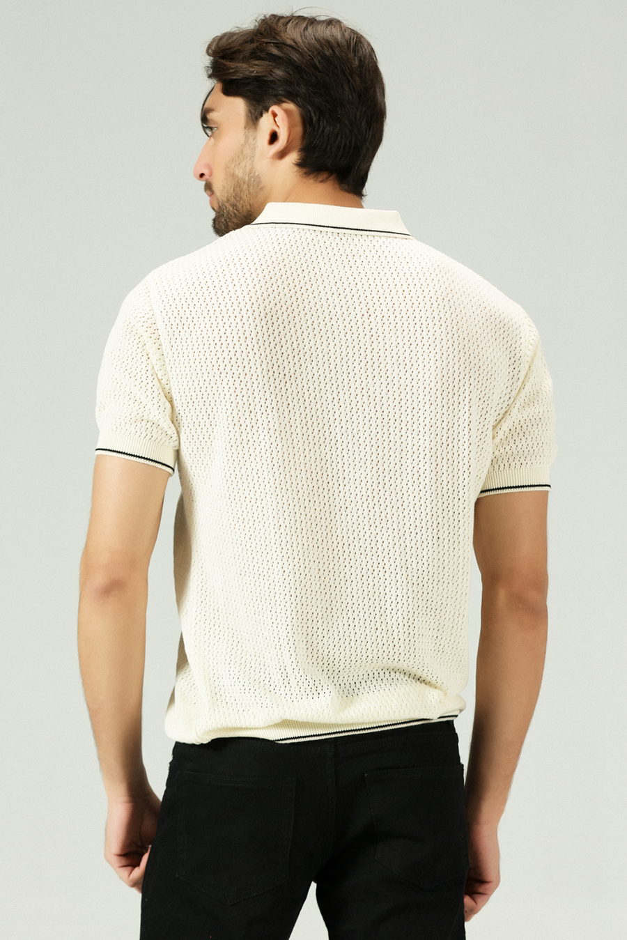 Jacquard Mesh offwhite Knitted Polo