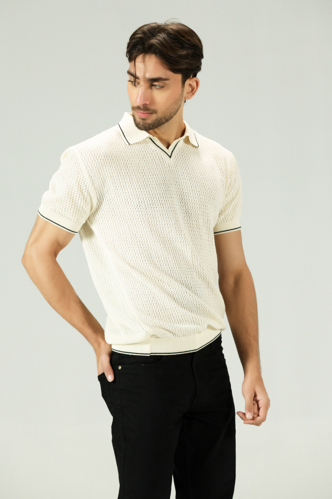 Jacquard Mesh offwhite Knitted Polo