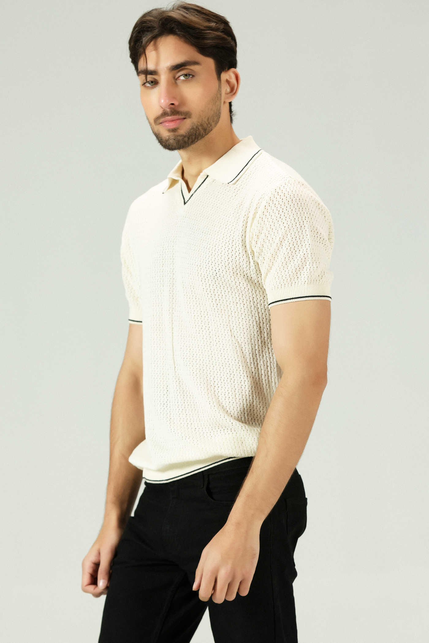 Jacquard Mesh offwhite Knitted Polo