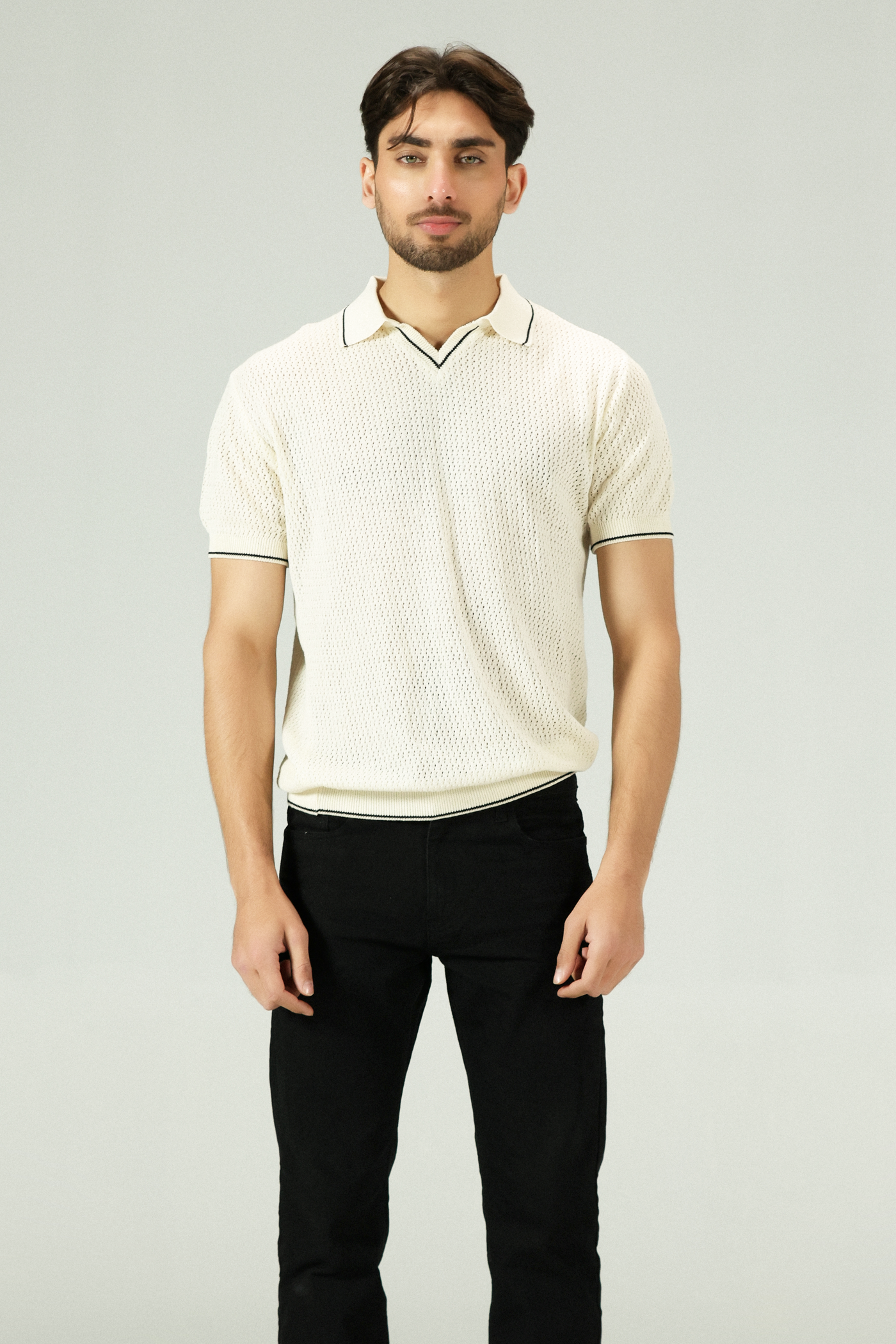 Jacquard Mesh offwhite Knitted Polo