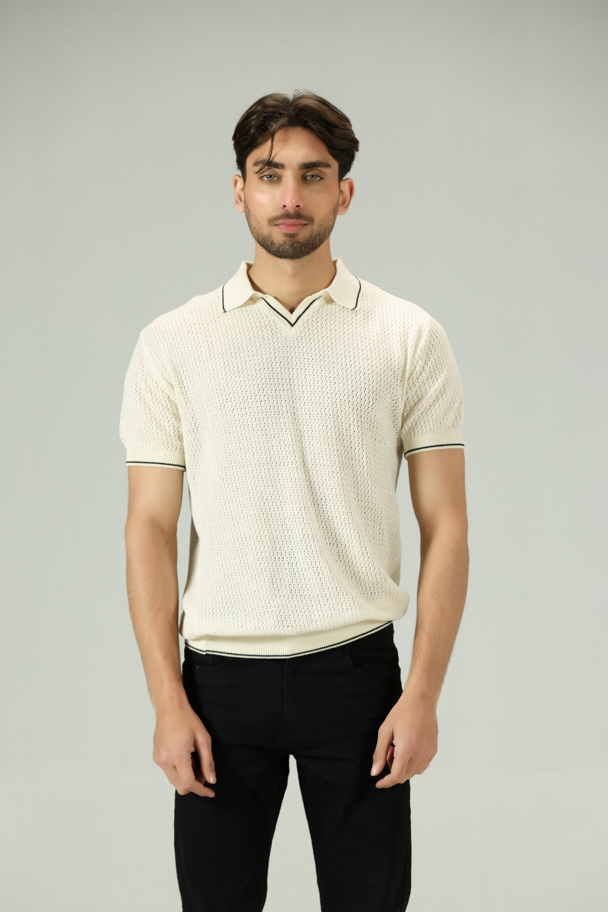 Jacquard Mesh offwhite Knitted Polo