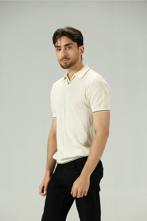Jacquard Mesh offwhite Knitted Polo