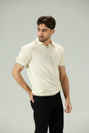 Jacquard Mesh offwhite Knitted Polo