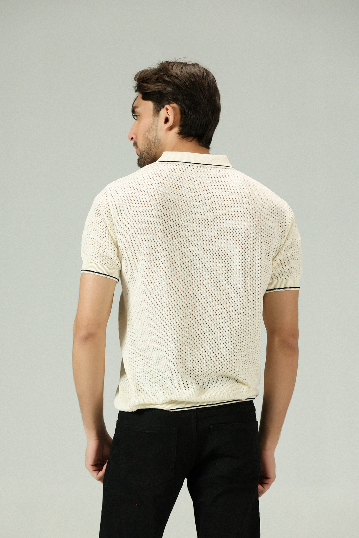Jacquard Mesh offwhite Knitted Polo