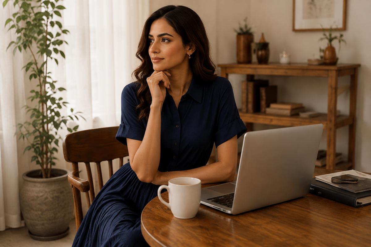 Modern Pakistani woman wearing navy Everblue Mist pleated dress