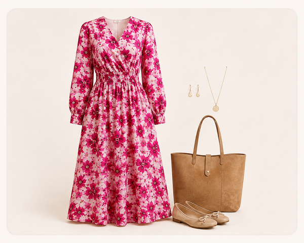 Serene Crimson Bloom Midi styled with tote and flats