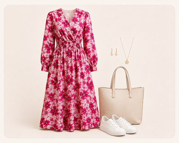 Serene Crimson Bloom Midi styled with sneakers and tote