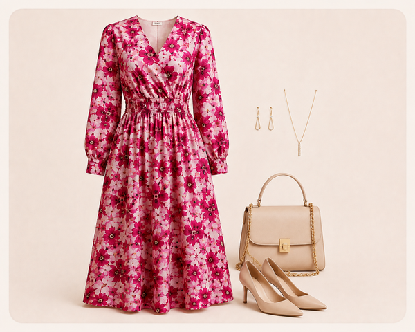 Serene Crimson Bloom Midi styled with heels and delicate jewelry