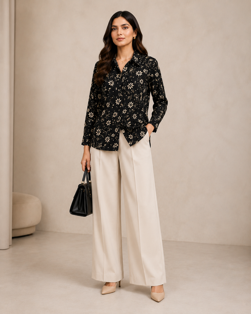 Midnight Bloom top with neutral trousers