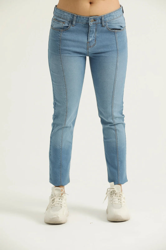 A pair of light blue skinny fit denim jeans with front and back pockets, a zipper fly, and metallic button.