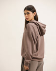 MOCHA V-COLLAR CROPPED HOODIE
