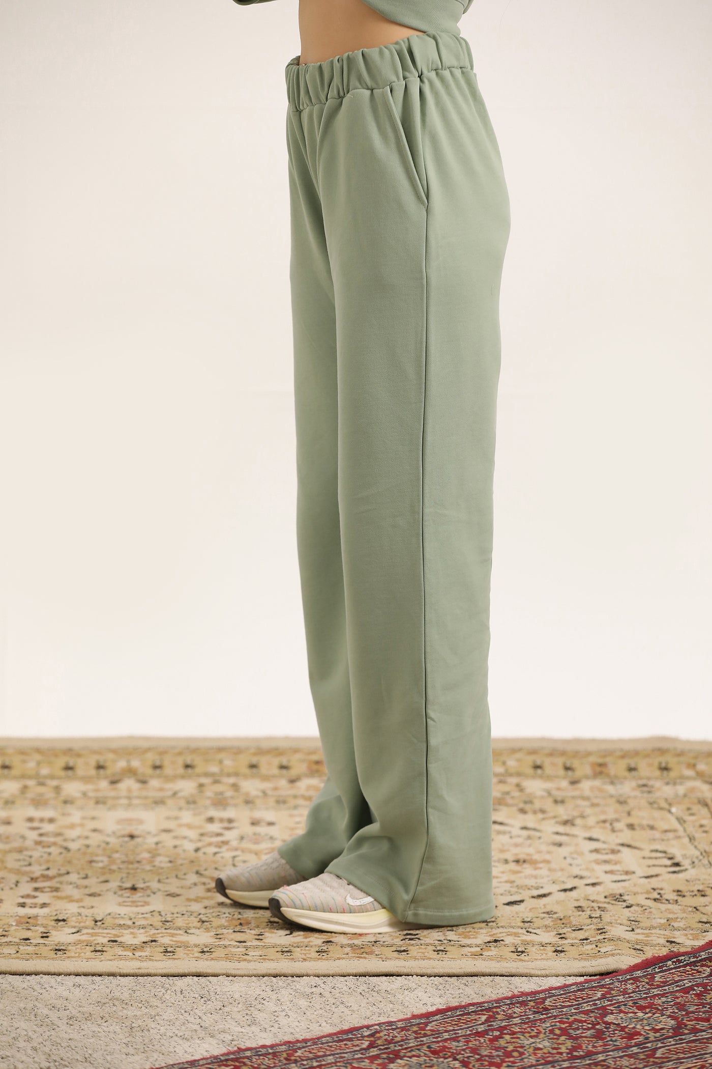 SAGE GREEN FLARED TROUSER WITH SIDE POCKETS