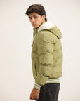 OLIVE GREEN PUFFER JACKET WITH HOOD