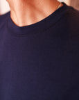 Close-up of a navy blue shirt collar with a blurred background