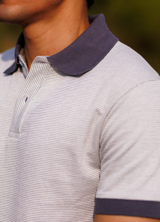 Close-up of a person wearing a striped polo shirt with a collar.