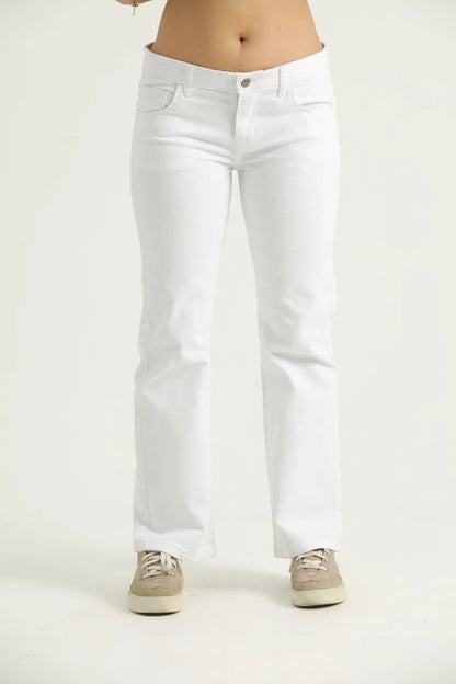 A pair of white straight leg denim jeans with pockets and a metal button zipper fly.