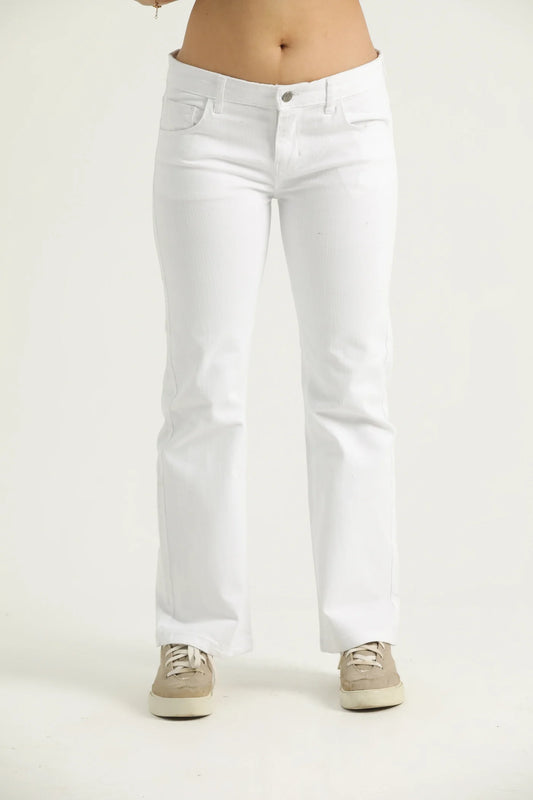 A pair of white straight leg denim jeans with pockets and a metal button zipper fly.