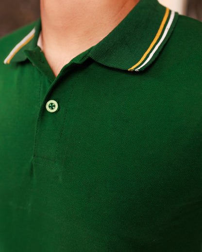 Close-up of a green polo shirt with a collar detail