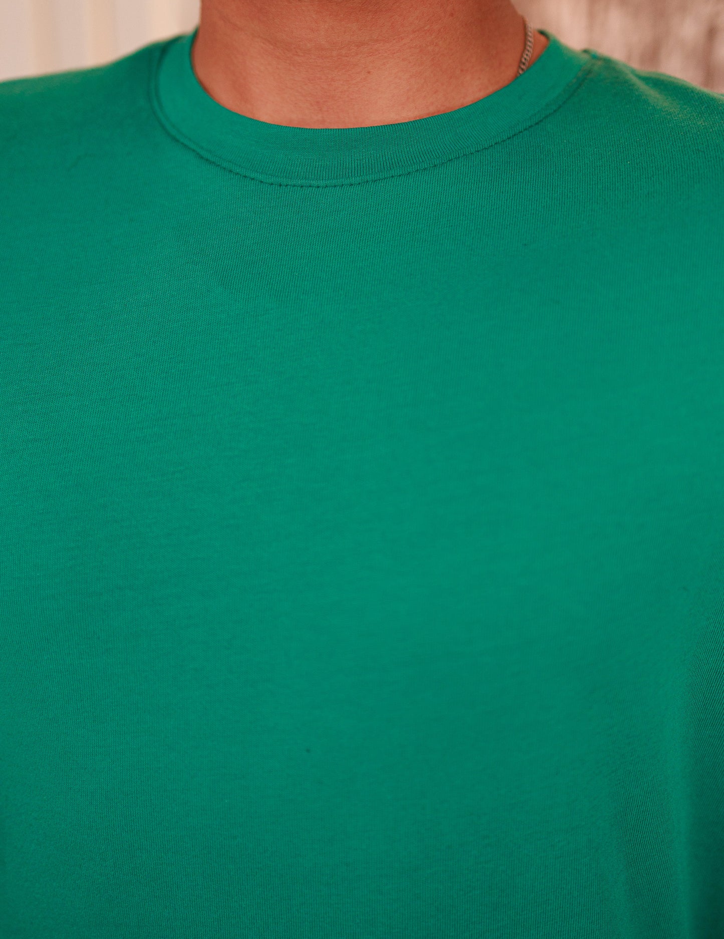 Close-up of a person wearing a green sweatshirt with a neutral background